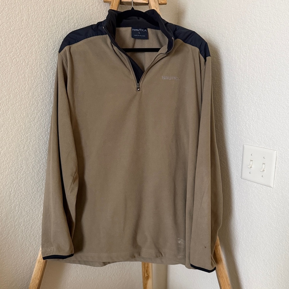Nautica Taupe and Black Quarter-Zip Fleece Pullover - Picture 1 of 3
